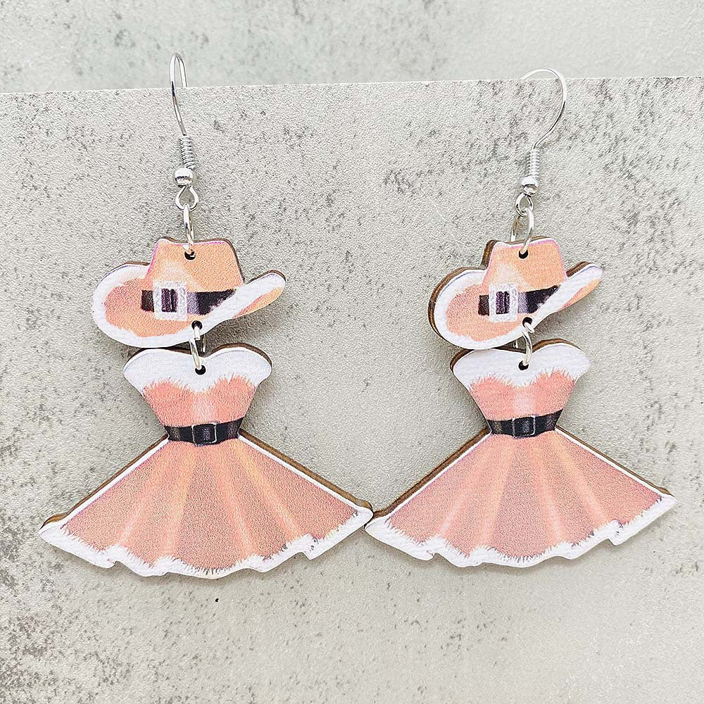 Wholesale Christmas Ornament Cute Princess Dress Western Denim Santa Hat Wooden Earrings