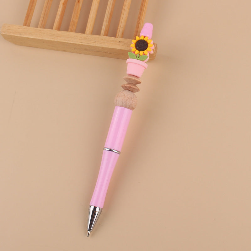 Wholesale Handmade Beadable Cartoon Sunflower Silicone Bead Wooden Bead Ballpoint Pen