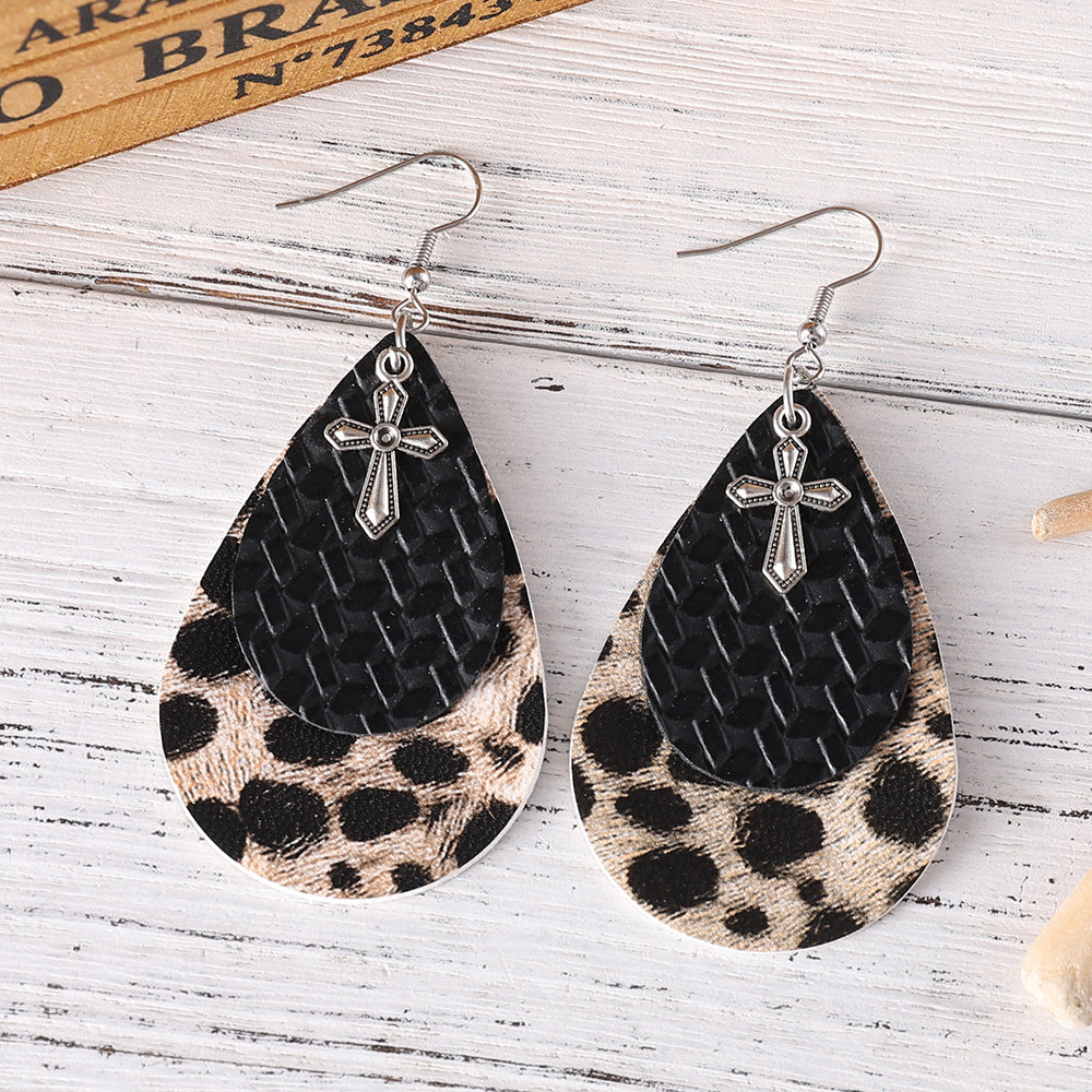 Wholesale Western style leopard print double-layer teardrop cross PU earrings