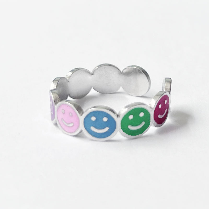Wholesale Colorful Smiley Flower Opening Adjustable Stainless Steel Ring