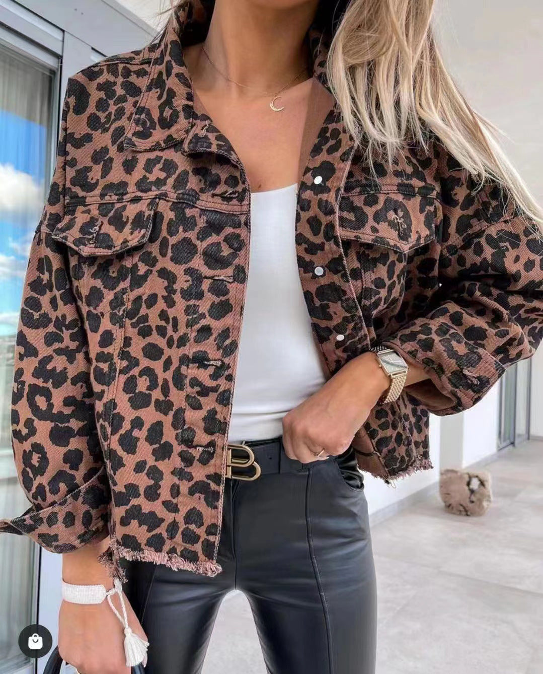 Wholesale Hipster Washed Distressed Leopard-print Raw-edged Denim Jacket