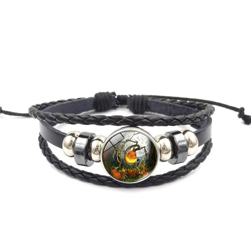 Wholesale Halloween Pumpkin Time Stone Leather Beaded Alloy Bracelet