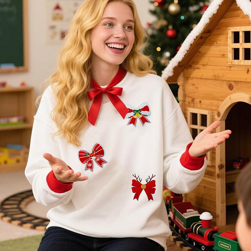 Wholesale Christmas Bow Theme Embroidered Cloth Patch Elk Bow Patch