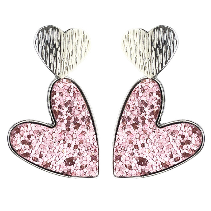 Wholesale 2pcs Valentine's Day Double Heart Symmetrical Multicolor Shiny Atmosphere Leather Metal Earrings
