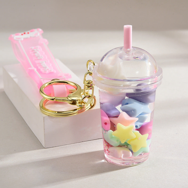 Wholesale Acrylic flowing sand bottle milk tea cup keychain