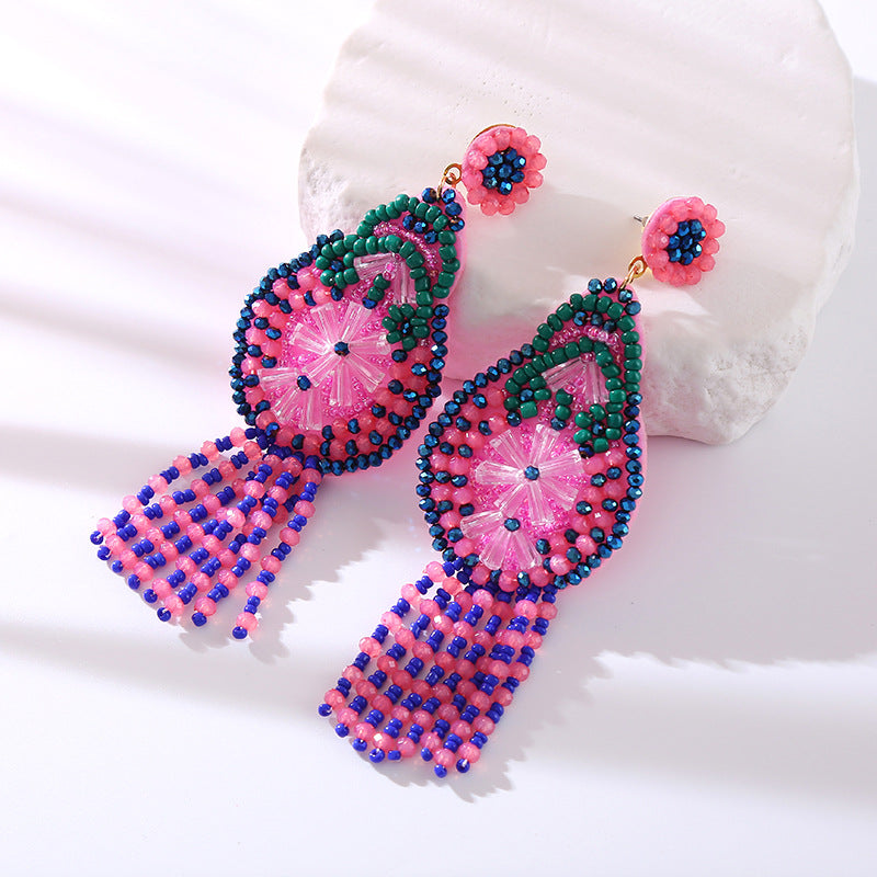 Wholesale Crystal Tassel Braided Long Rice Bead Earrings