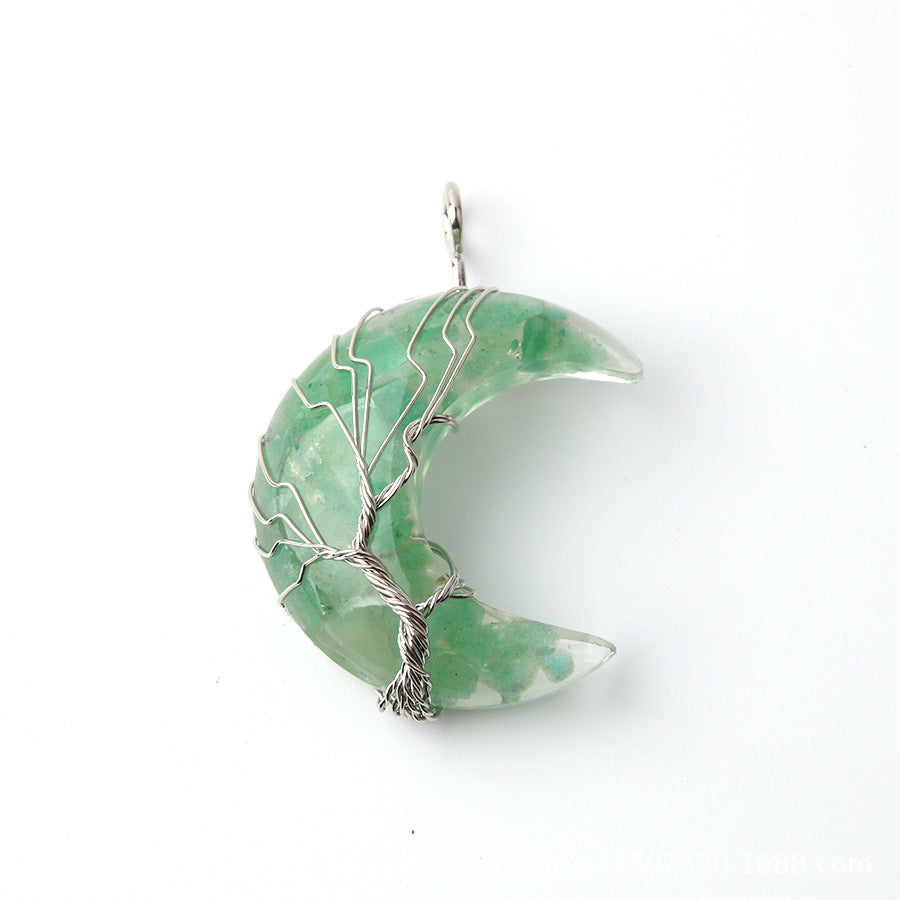 Wholesale Moon Wrap Tree of Life Gravel Pendant Resin Stainless Steel Chain Tooth Necklace