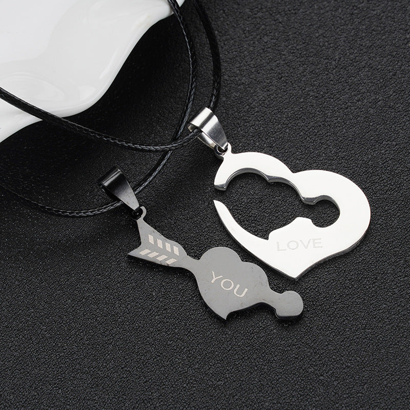 Wholesale A variety of stainless steel black and white cat pendant lovers necklace creative hug shape stitching Valentine's Day