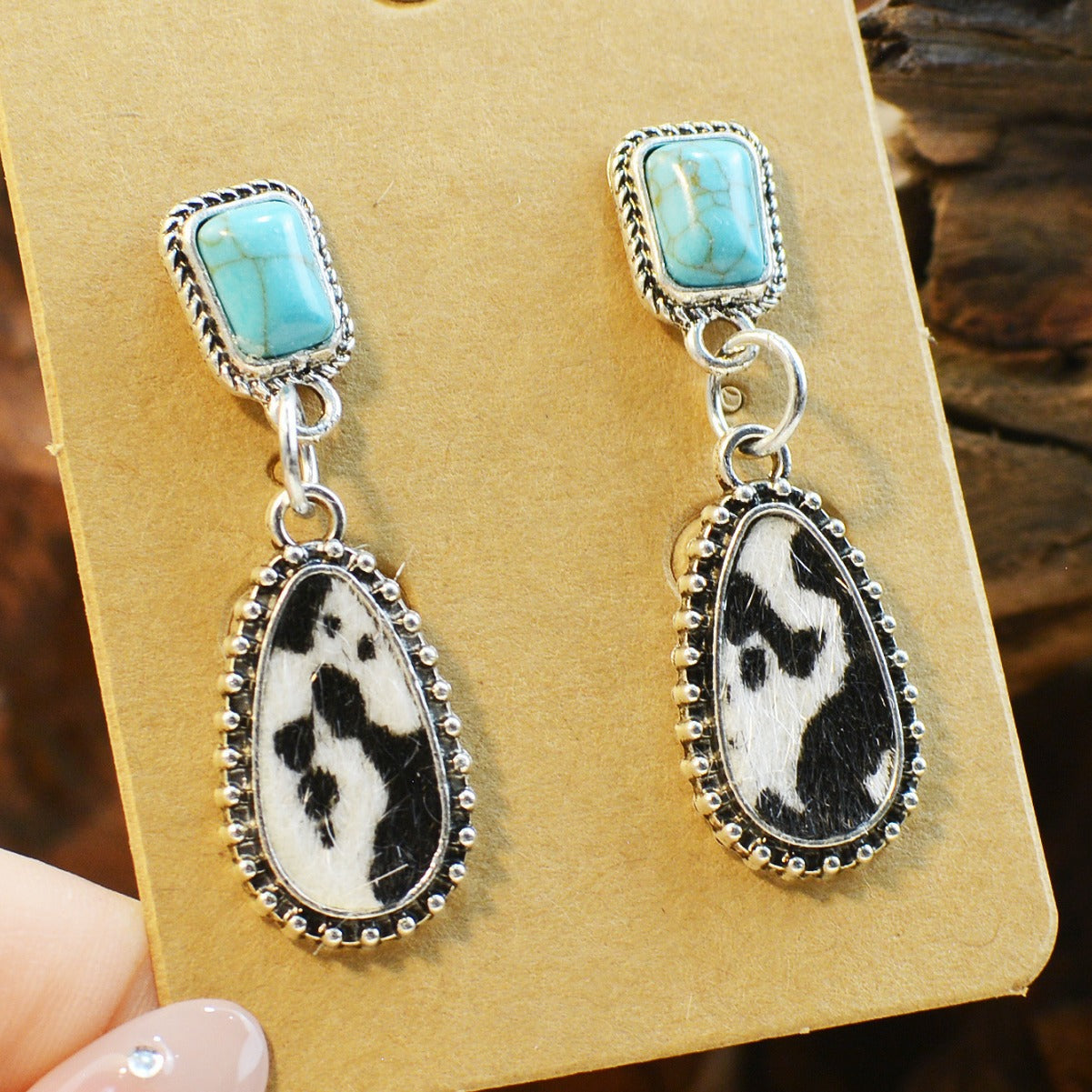 Wholesale Turquoise Inlaid Western Cowboy Earrings Plush Cow  Semi-Circle Cut Out Leopard