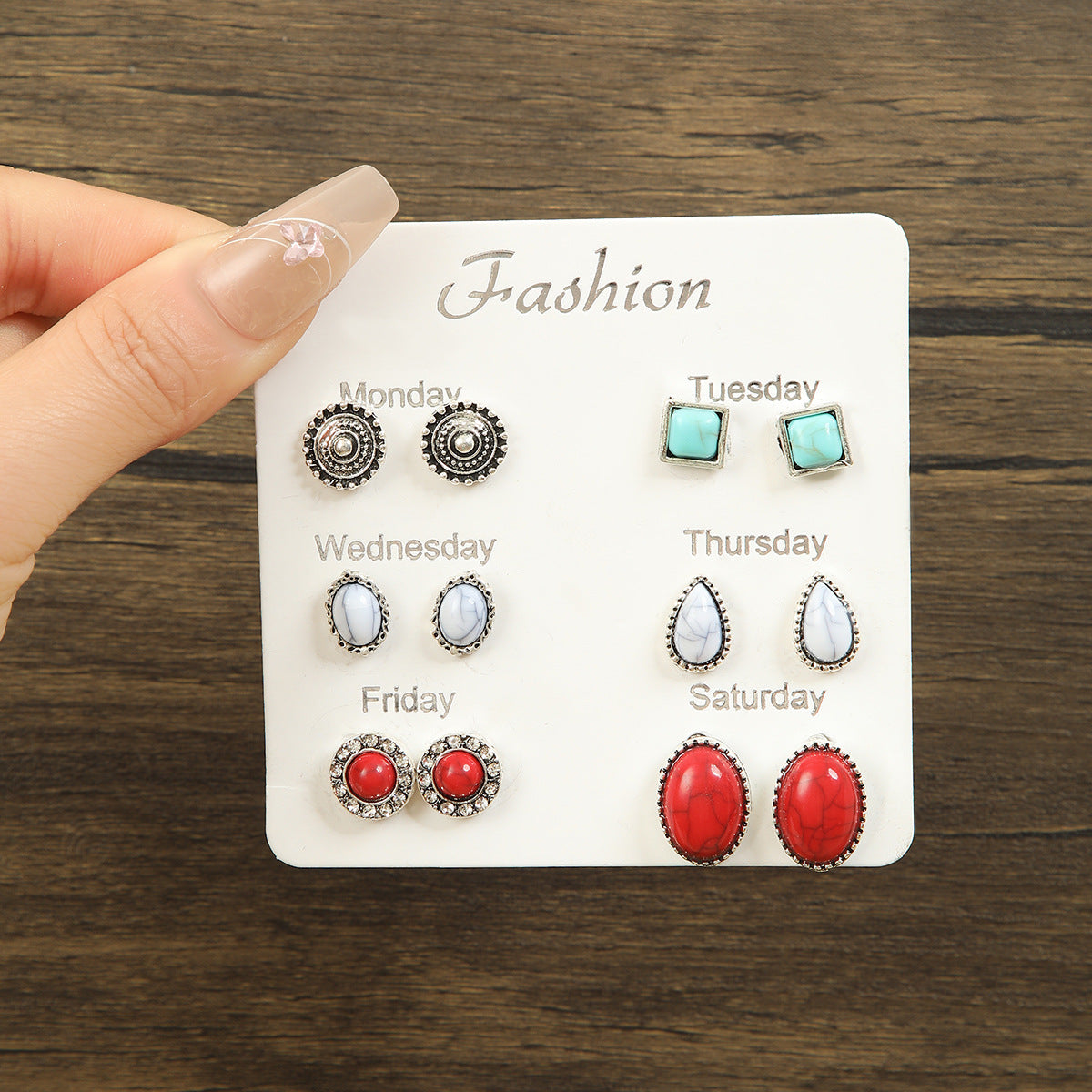 Wholesale 6 Pair Retro Turquoise Geometric Stud Earrings Ethnic Style Zinc Alloy Jewelry Set For Women