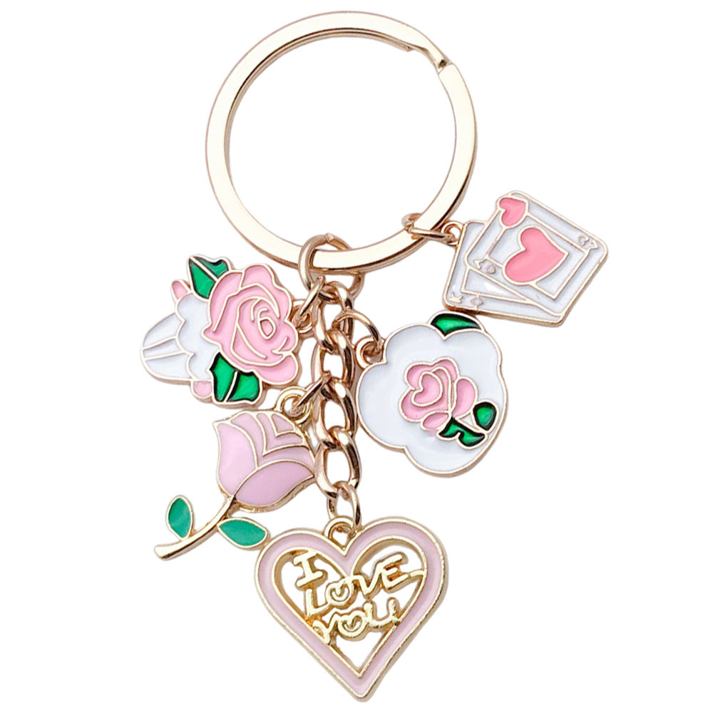 Wholesale White Pink Rose Love Card Metal Keychain