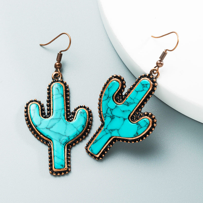 Wholesale Western style big cactus creative turquoise earrings