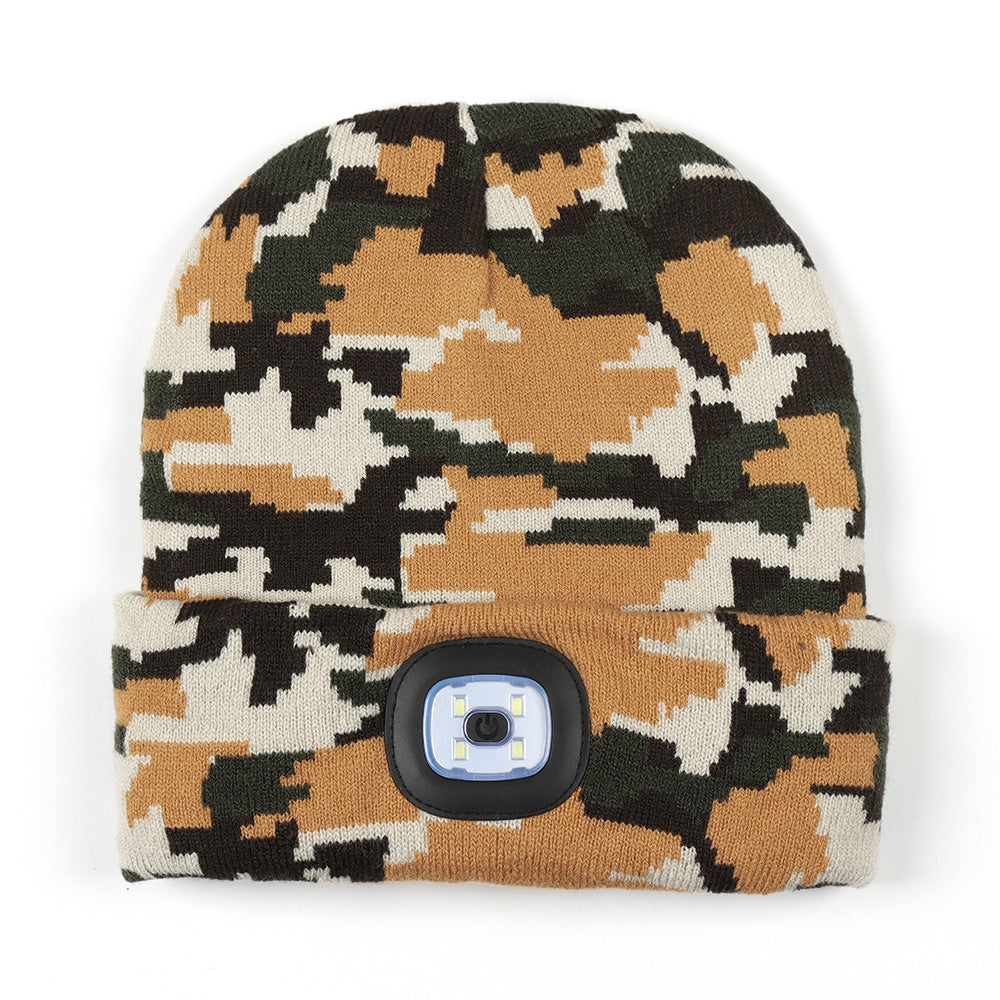 Wholesale Leopard Camo LED Knitted Hat USB Charging Warm Night Running Woolen Hat