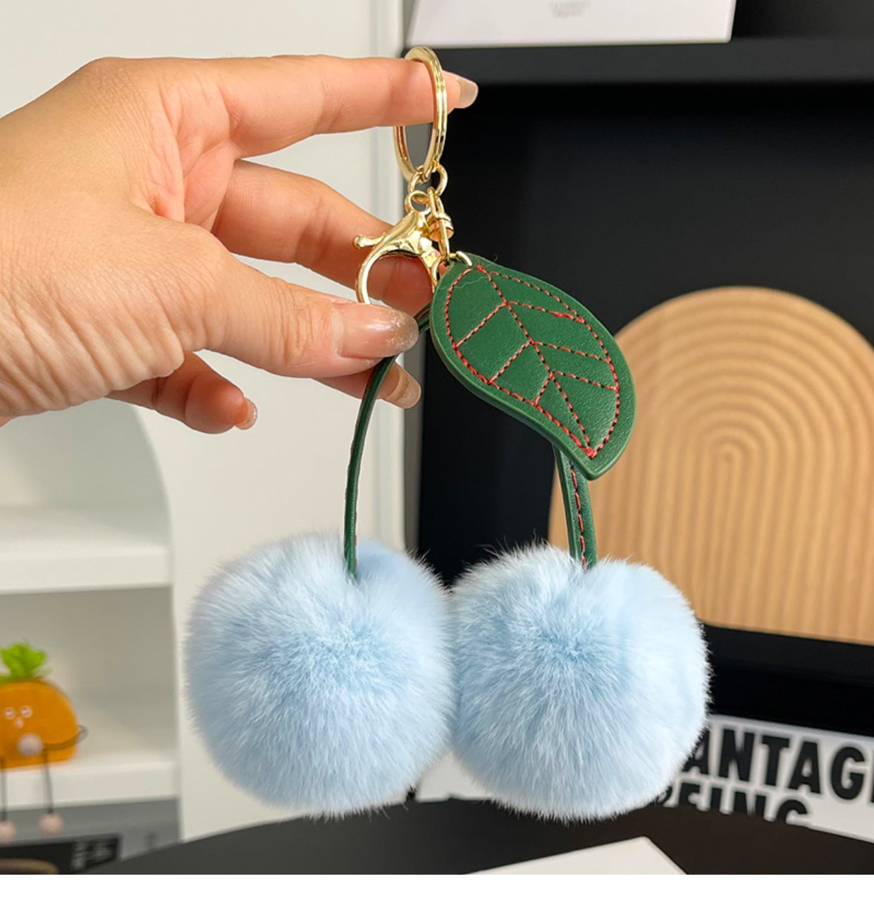 Wholesale Faux fur single leaf cherry plush pendant keychain