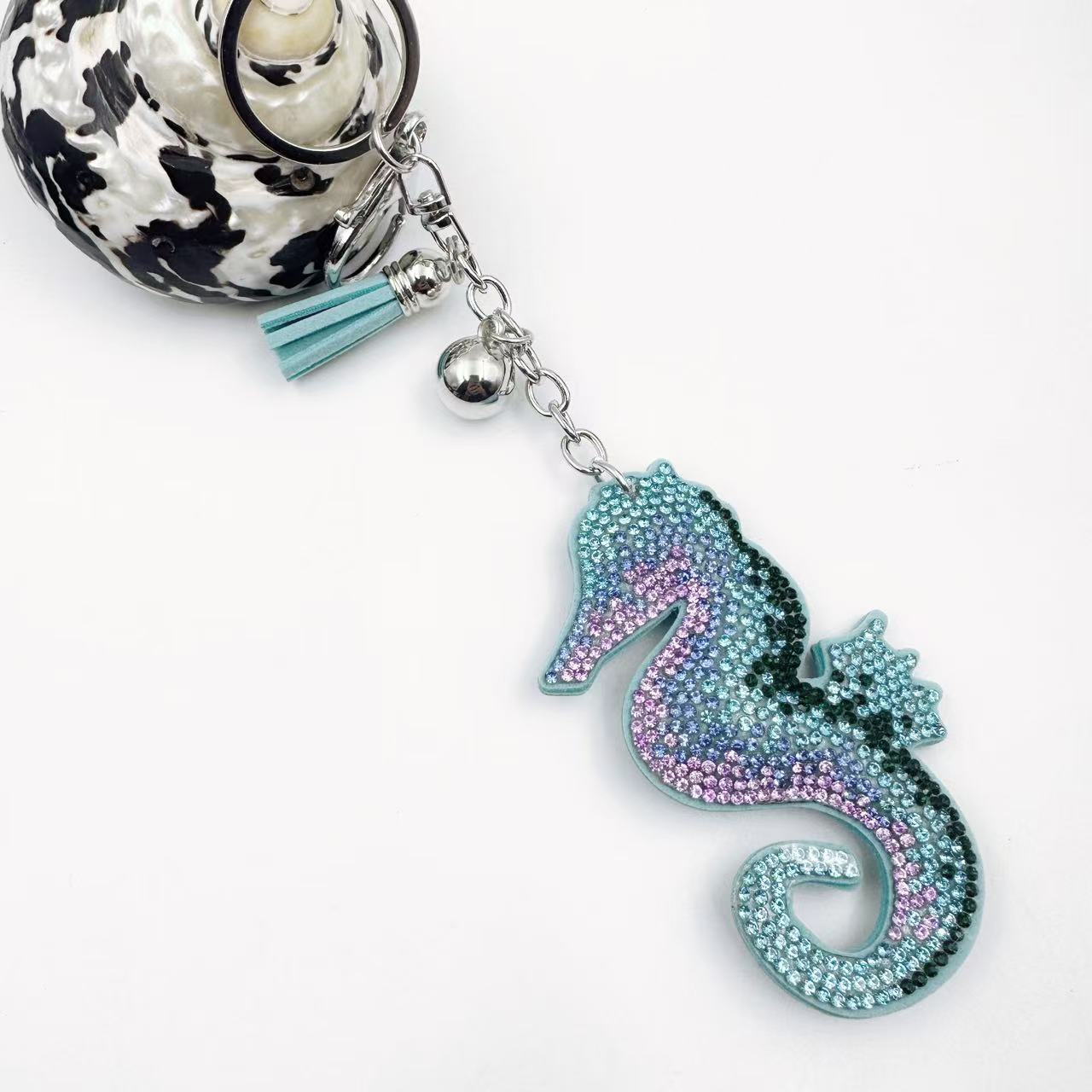 Wholesale 12pcs Seahorse Keychain Leather Tassel Ocean Crystal Gemstone Diamond Key