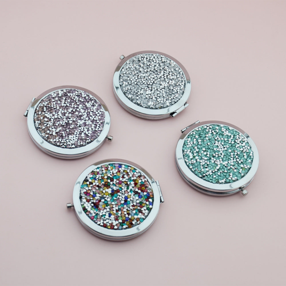 Wholesale Crystal Diamond Patch Circular Double-sided Mini Pocket Aluminum Mirror