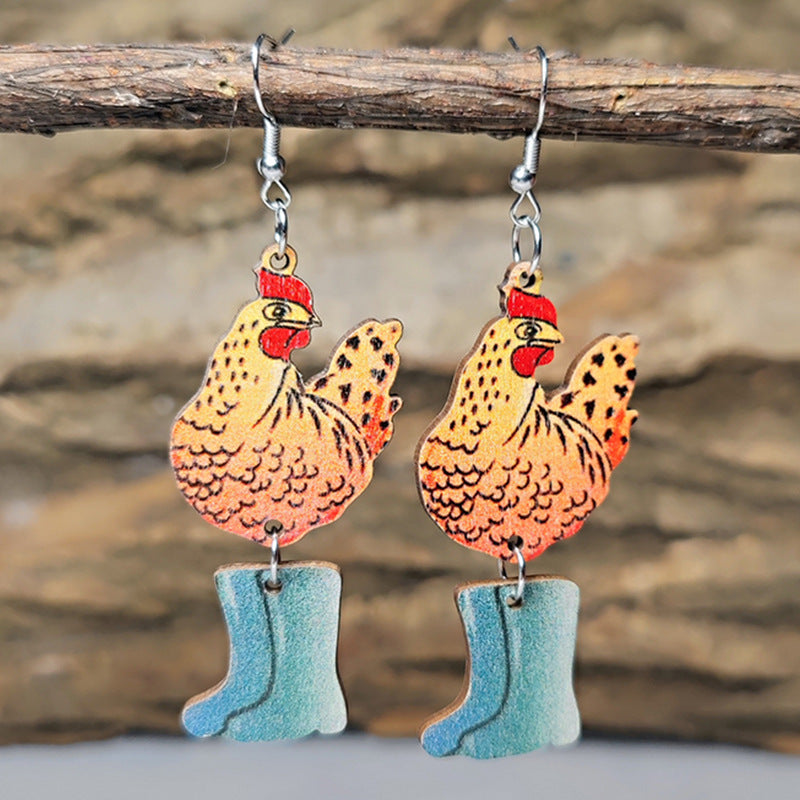 Wholesale Farm pastoral style cute hen and chick wooden double-sided Earrings