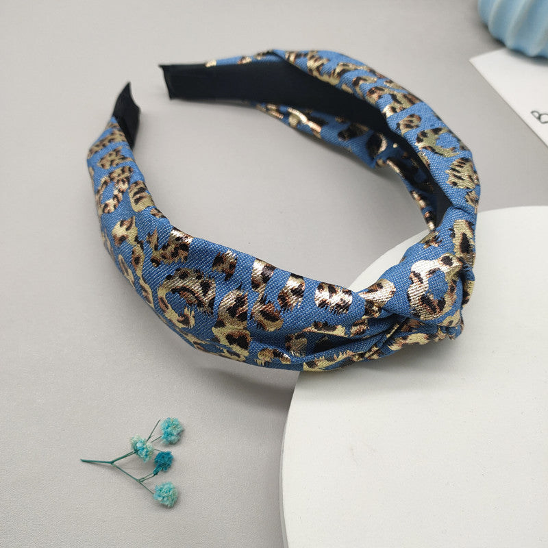 Wholesale Wide-brimmed Denim Retro Leopard Print Headband