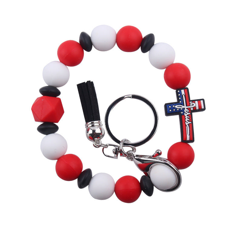Wholesale Leather Tassel Independence Day Silicone Bead Bracelet Keychain