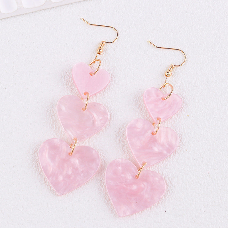 Wholesale Asymmetric long triple heart Acrylic Earrings