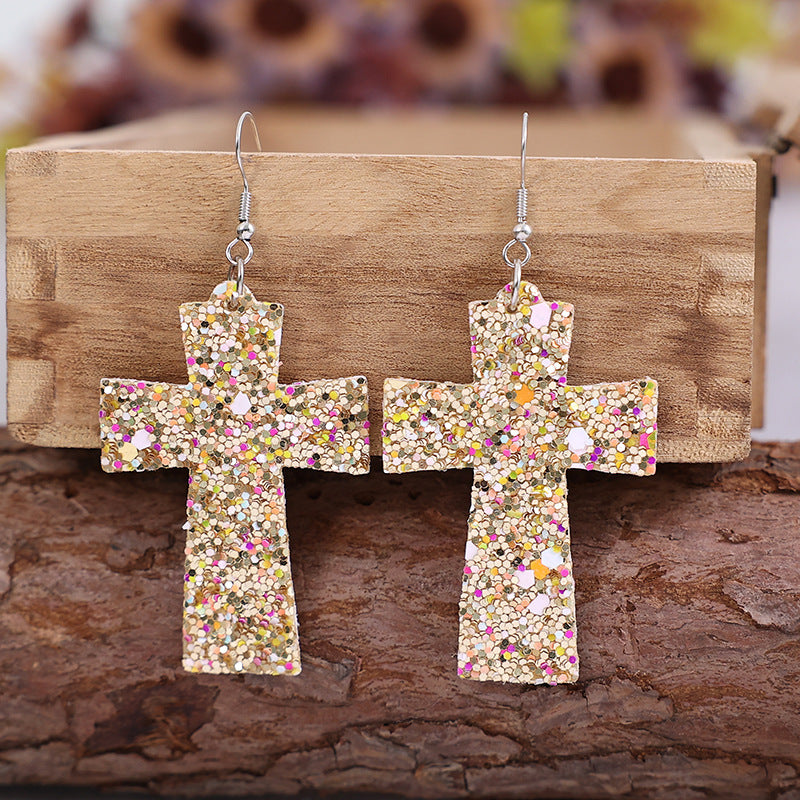 Wholesale Sequin Cross Leather Earrings