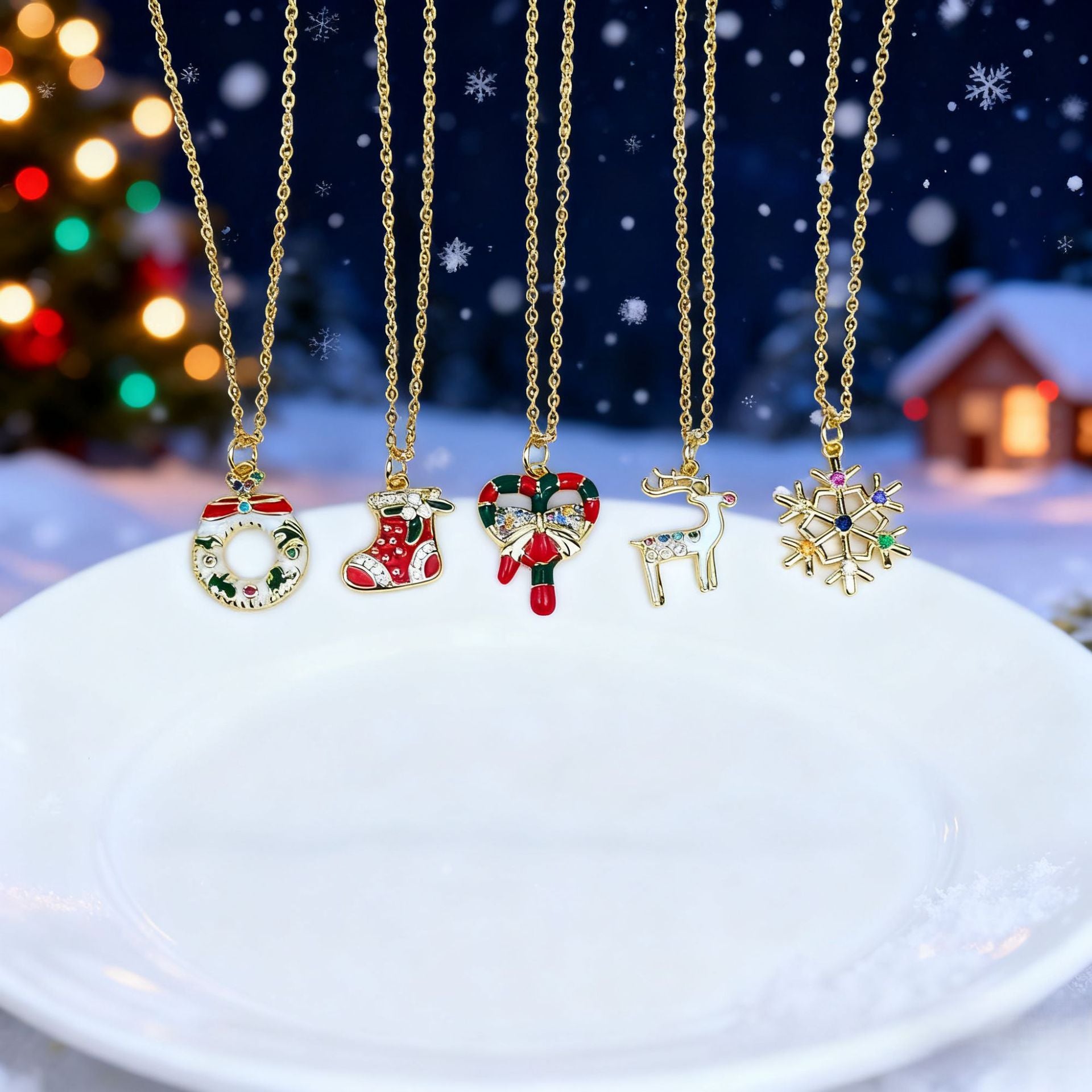 Wholesale Christmas Snowflake Deer Necklace Christmas Wreath Candy Diamond Pendant Necklace
