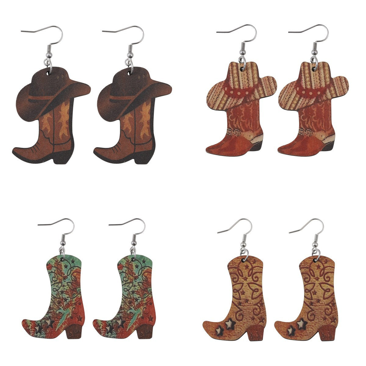 Wholesale Western Cowboy Boots Hat Wooden Earrings