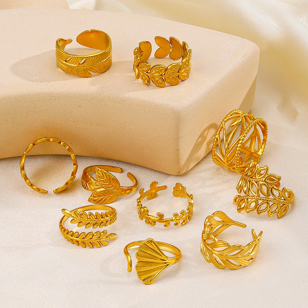 Wholesale Open Adjustable Leaf Gold Stainless Steel Ring
