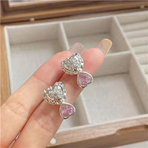 Wholesale Pink Diamond Sweet Cool Double Heart Alloy Earrings
