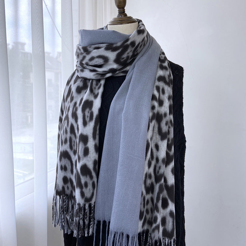 Wholesale Autumn and Winter Leopard Print Color Block Printed Tassel Imitation Cashmere Scarf