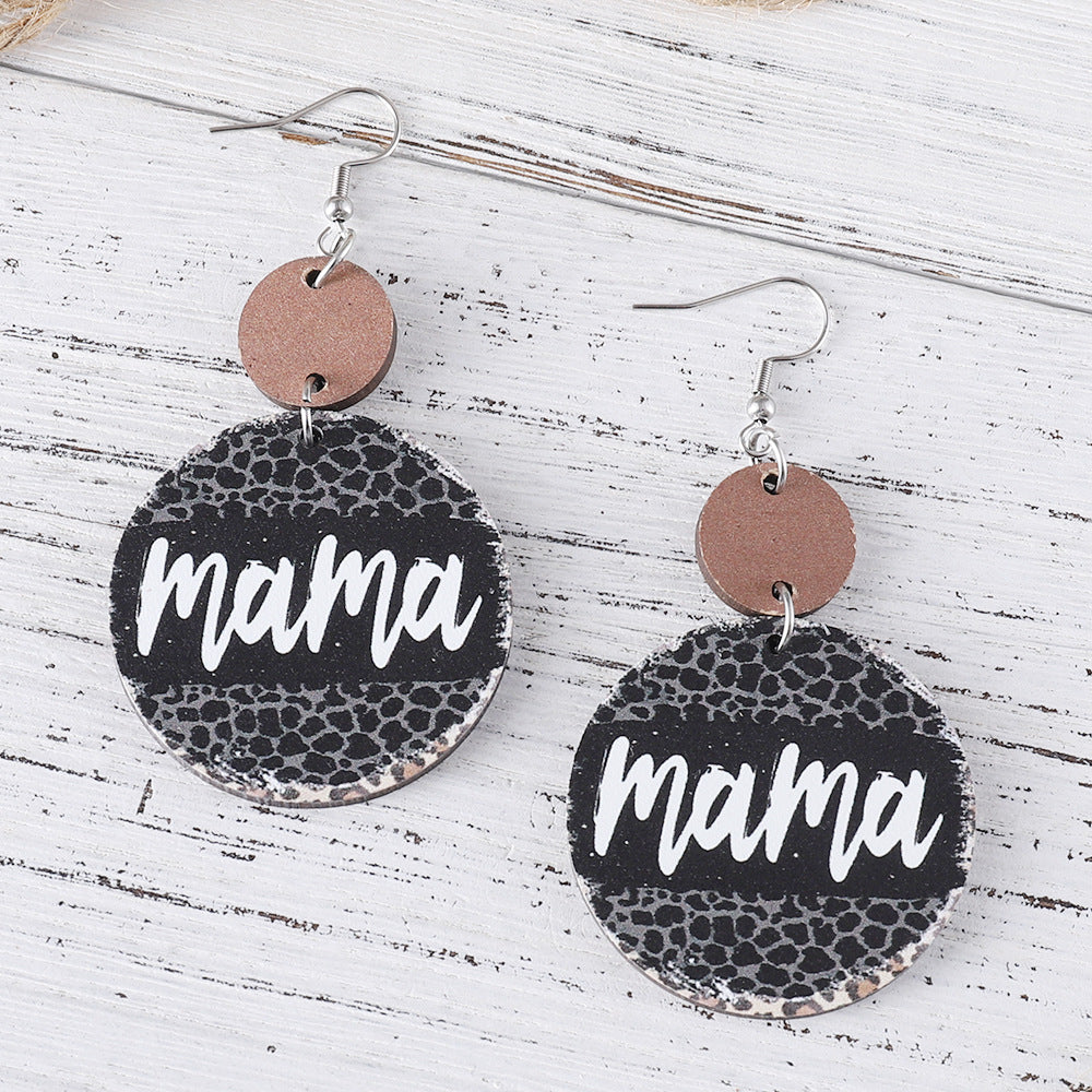 Wholesale Mother' s Day Leopard GIGI MAMA Pendant Wooden Double-sided Earrings