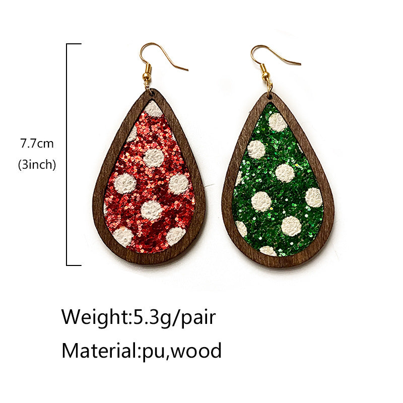 Wholesale Christmas Sparkling Wave Point Wooden Inlaid Leather Classic Water Drop Earrings
