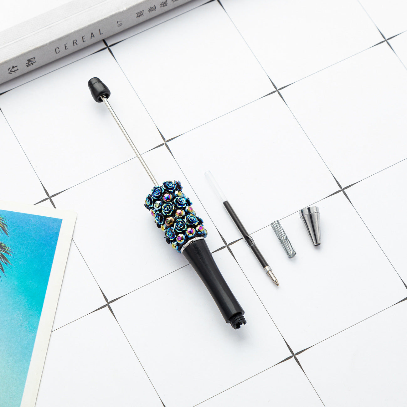 Wholesale Beadable Pens Rose Flower Handmade Stickers Multi-color Rotating Ballpoint Pens