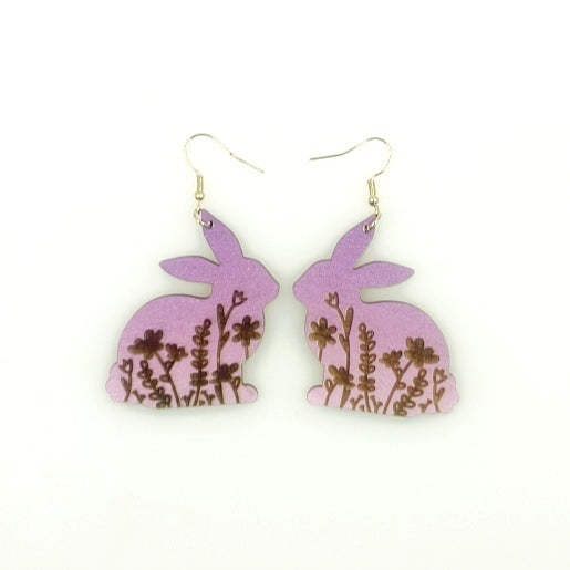 Wholesale Creative Rabbit Cutting Wood Carving Printing Gradient Earrings
