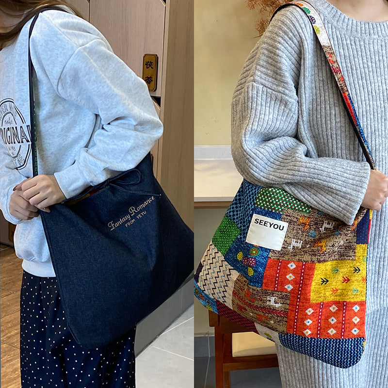 Wholesale Denim non-fading spring and summer ethnic style patchwork bag shoulder bag large capacity messenger bag double bag