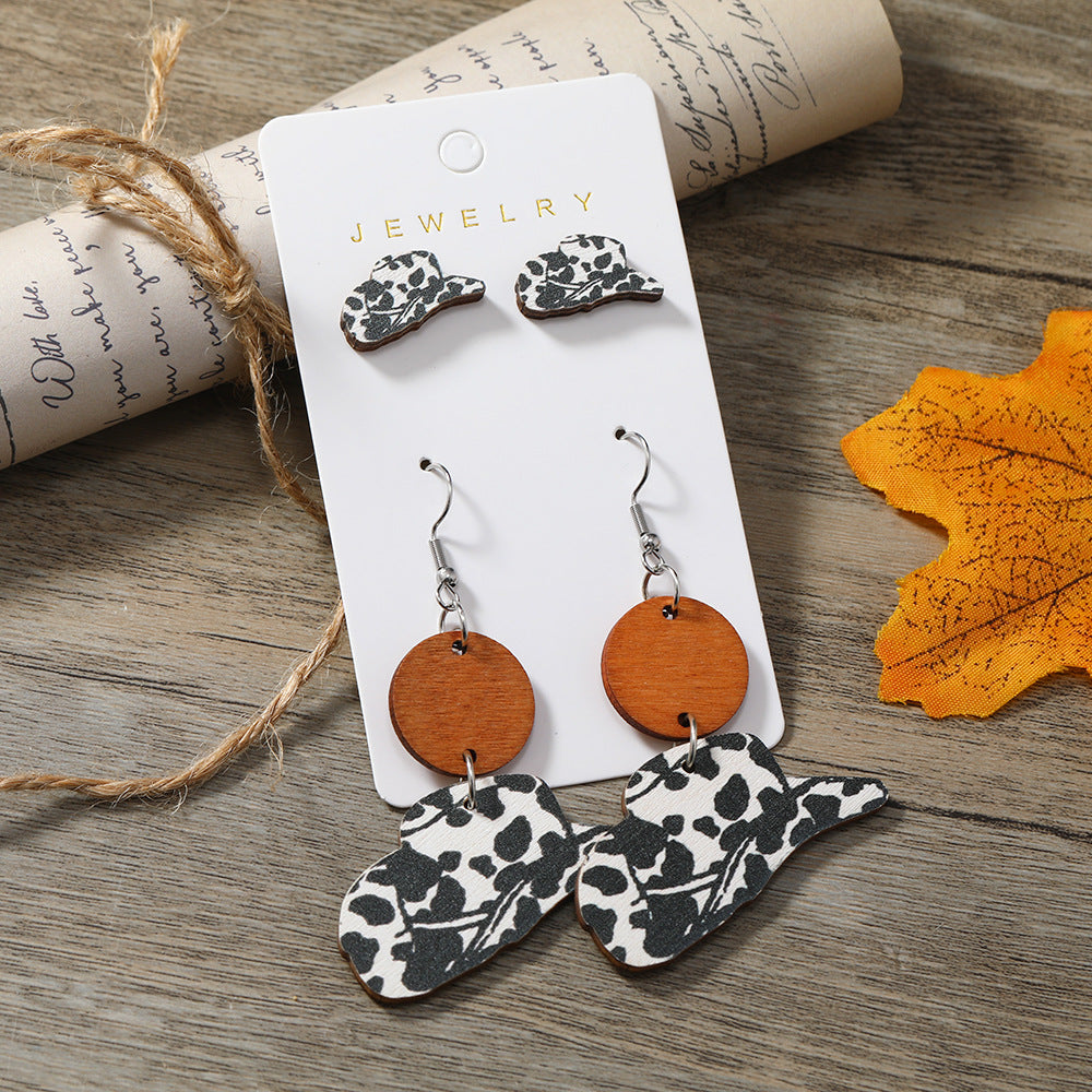 Wholesale Western Style Cow Pattern Cowboy Hat Wooden Earrings