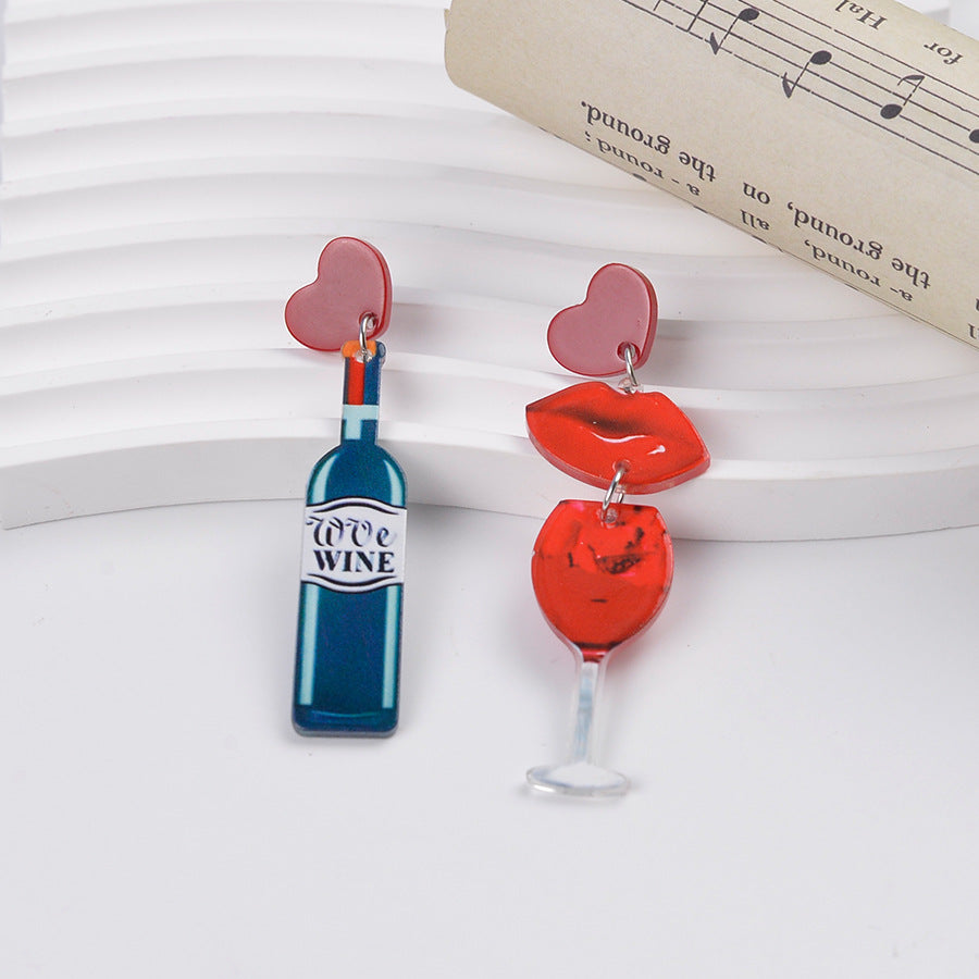 Wholesale  Red Wine Bottle  Red Lip Wine Glass Valentine' s Day  Asymmetrical  Acrylic Earrings