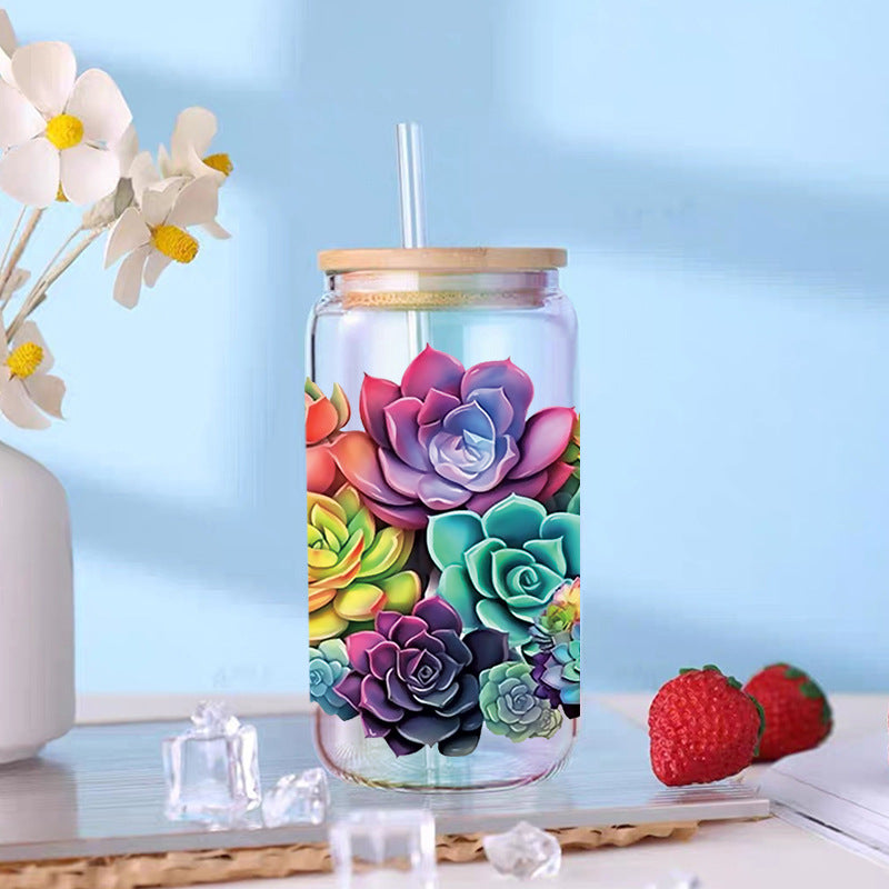 Wholesale Colorful succulent flowers  16oz Cup UV DTF Wraps