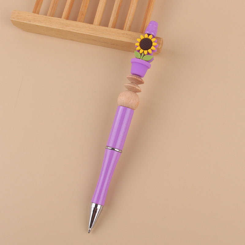 Wholesale Handmade Beadable Cartoon Sunflower Silicone Bead Wooden Bead Ballpoint Pen