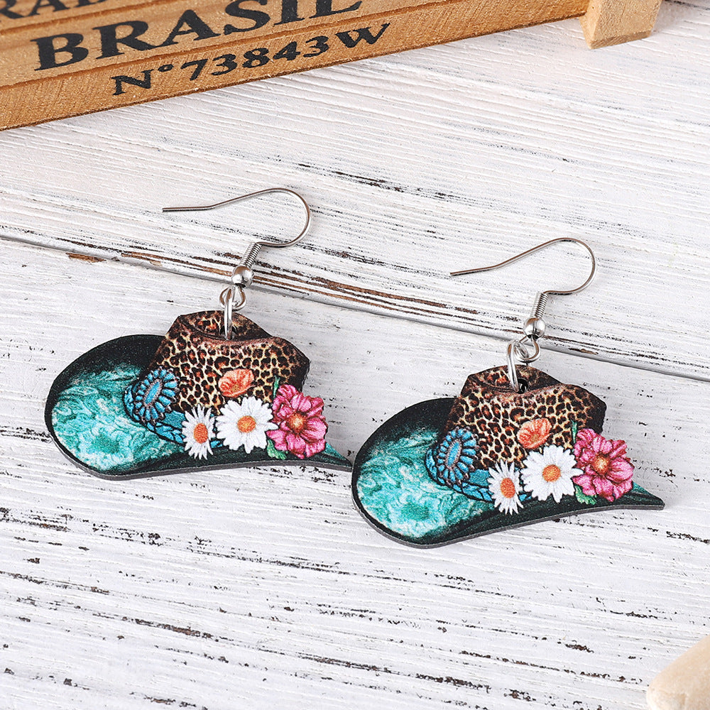 Wholesale Western style leopard print cowboy hat with wooden double-sided earrings