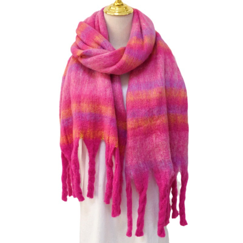 Wholesale Winter Mohair Tassels Rainbow Striped Woolen Scarves