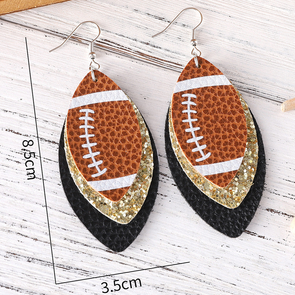 Wholesale Rugby Sequins Three-layer Leather Water Drop Pendant Earrings Sports Ear Jewelry