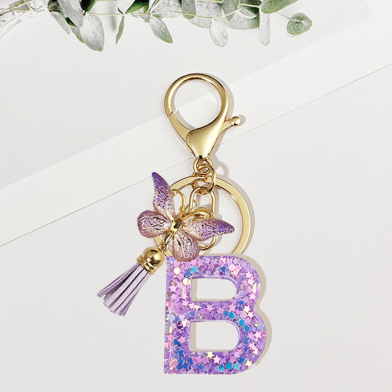 Wholesale Pink sequined butterfly 26 letter Sequin Keychain