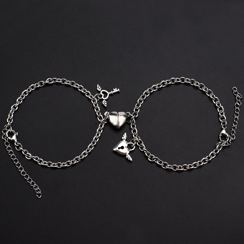 Wholesale Stainless Steel Heart Shape Magnetic Lock Key Bracelet Set