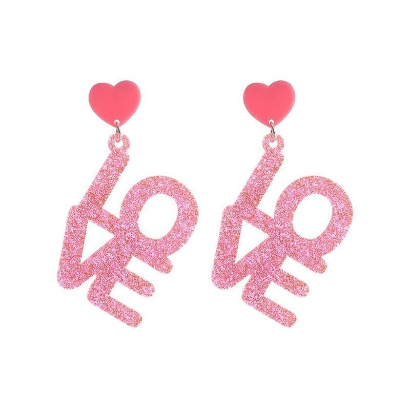 Wholesale  Valentine' s Day Pink Sequined LOVE acrylic Earrings