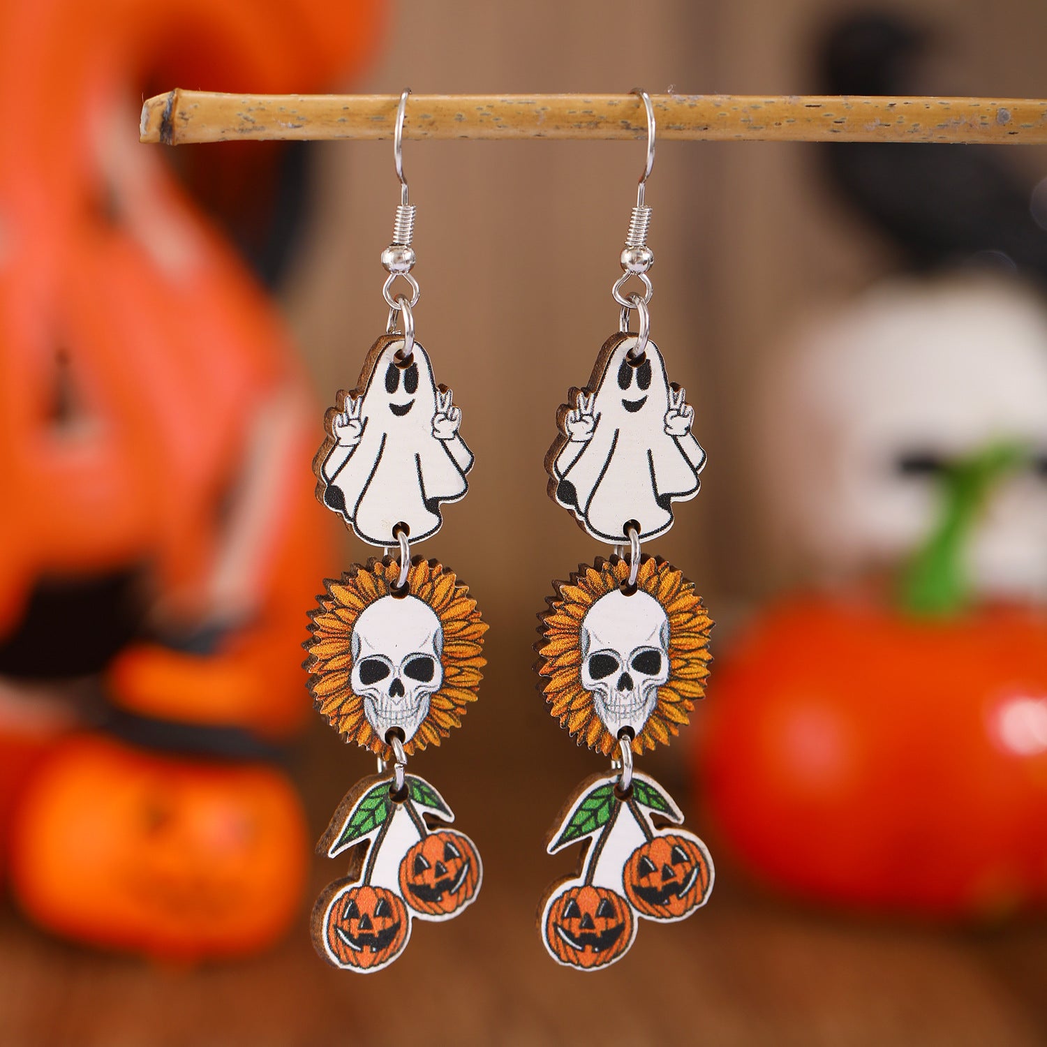 Wholesale Halloween Printed Colorful Pumpkin Skull Ghost Gift Creative Splicing Wooden Earrings