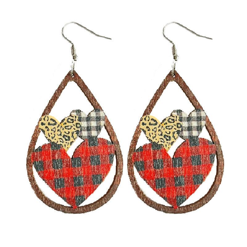 Wholesale 2 Pairs/pack Valentine's Day Hollow Heart Leopard Print Wooden Earrings