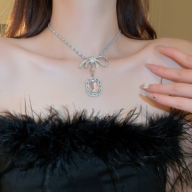 Wholesale Diamond Zirconia Square Bow Earrings and Necklace Set