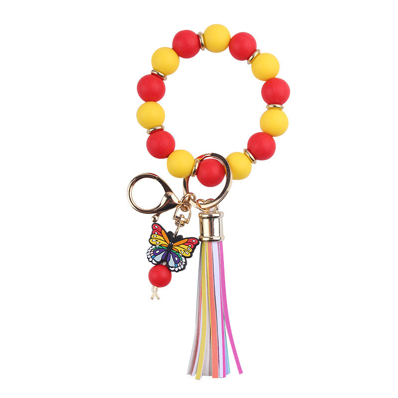 Wholesale PU Tassel Beaded Cartoon Butterfly Pendant Rainbow Leather Keychain