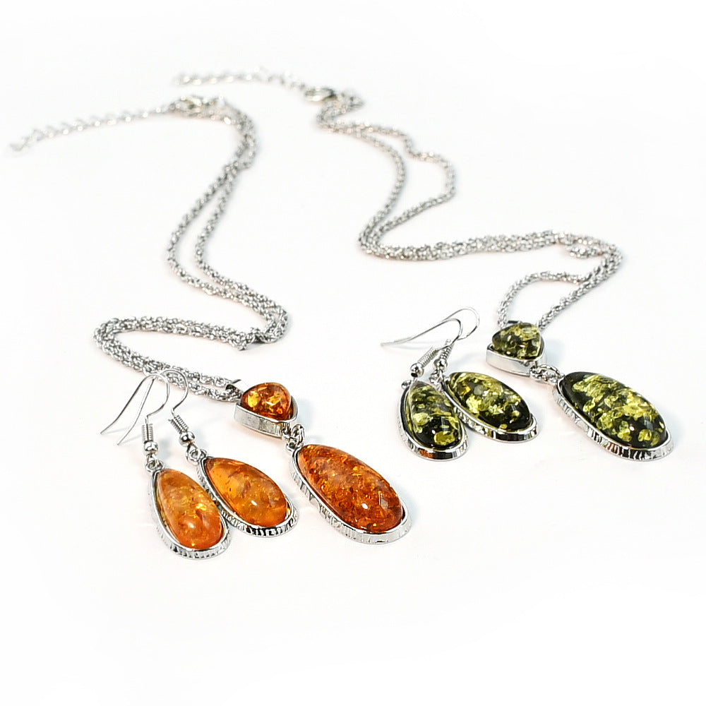 Wholesale Imitation Amber Water Drop Alloy Necklace Earrings Set